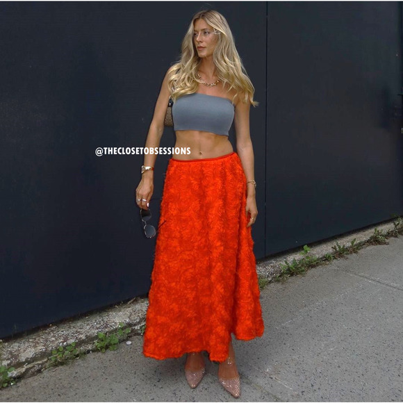 ZARA Floral Voluminous Midi Skirt NWT | Red Textured A-Line - Picture 7 of 16